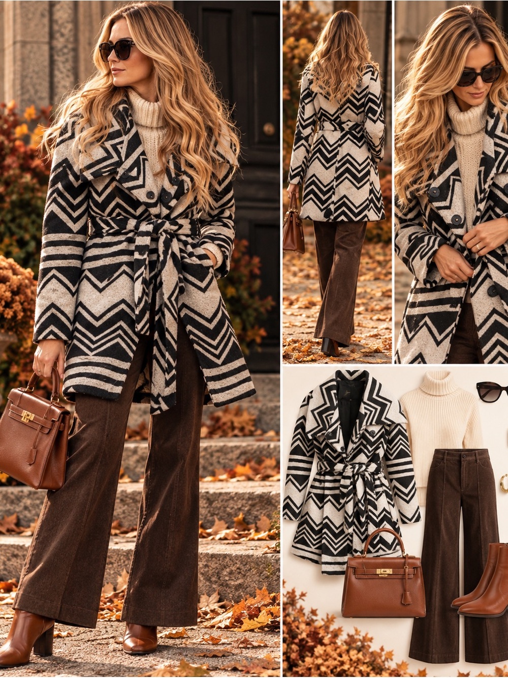 Jack by BB Dakota Black & Cream Geometric Belted Coat – Size XS